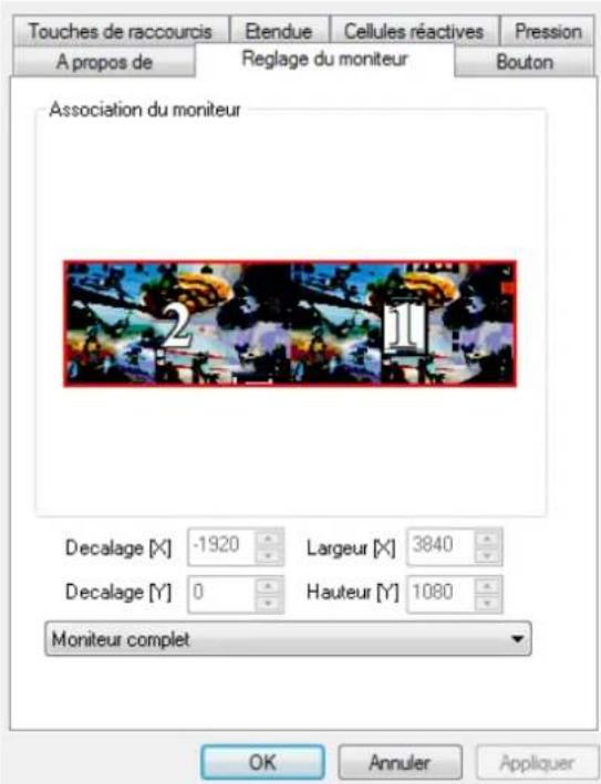 Touches de raccourcis Etendue Cellules réactives Pression A propos de Reglage du moniteur Bouton Association du moniteur 2 Decalage [X] -1920 Largeur [X] 3840 Decalage [Y] 0 Hauteur [Y] 1080 Moniteur complet OK Annuler Appliquer