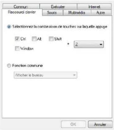 Commun Raccouri clavier Exécuter Sours Multimédia Autre Sélectionnez la combinaison de touches sur laquelle appuyé ✓ Ctrl □ Alt □ Shift + 2 □ Window ○ Fonction commune Atticher le bureau OK Annuler