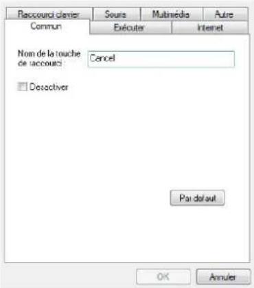 Placouci claver Sours Multimedia Autre Commun Exécuter Internet Nom de la touche de accourci: Cancel □ Desactiver Par dafaut OK Annuler