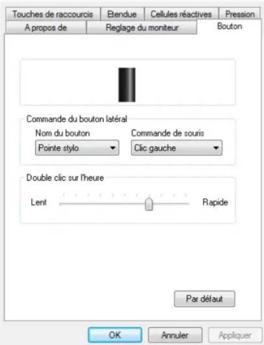 Touches de raccourcis Etendue Cellules réactives Pression A propos de Reglage du moniteur Bouton Commande du bouton latéral Nom du bouton Pointe stylo Commande de souris Clic gauche Double clic sur l'heure Lent Rapide Par défaut OK Annuler Appliquer