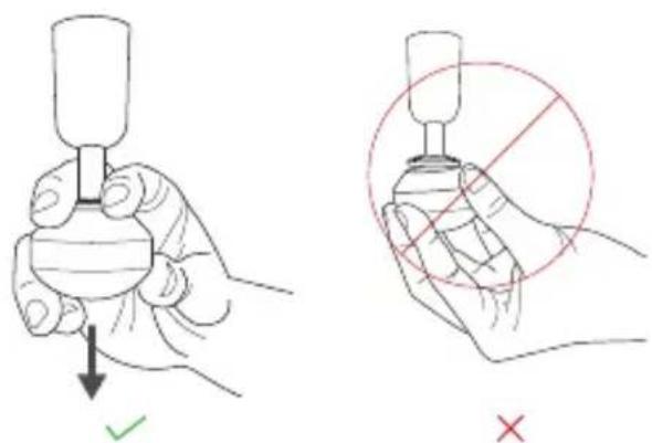 Diagram showing two hand positions: one holding a bottle with liquid and arrow indicating downward motion, the other holding a bottle with a circle and crossed-out cross symbol.
