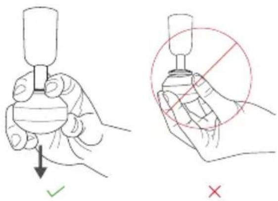 Diagram showing two hand positions: one holding a bottle with liquid and arrow indicating downward motion, the other holding a bottle with a circle and crossed-out line marked with red 'X'.