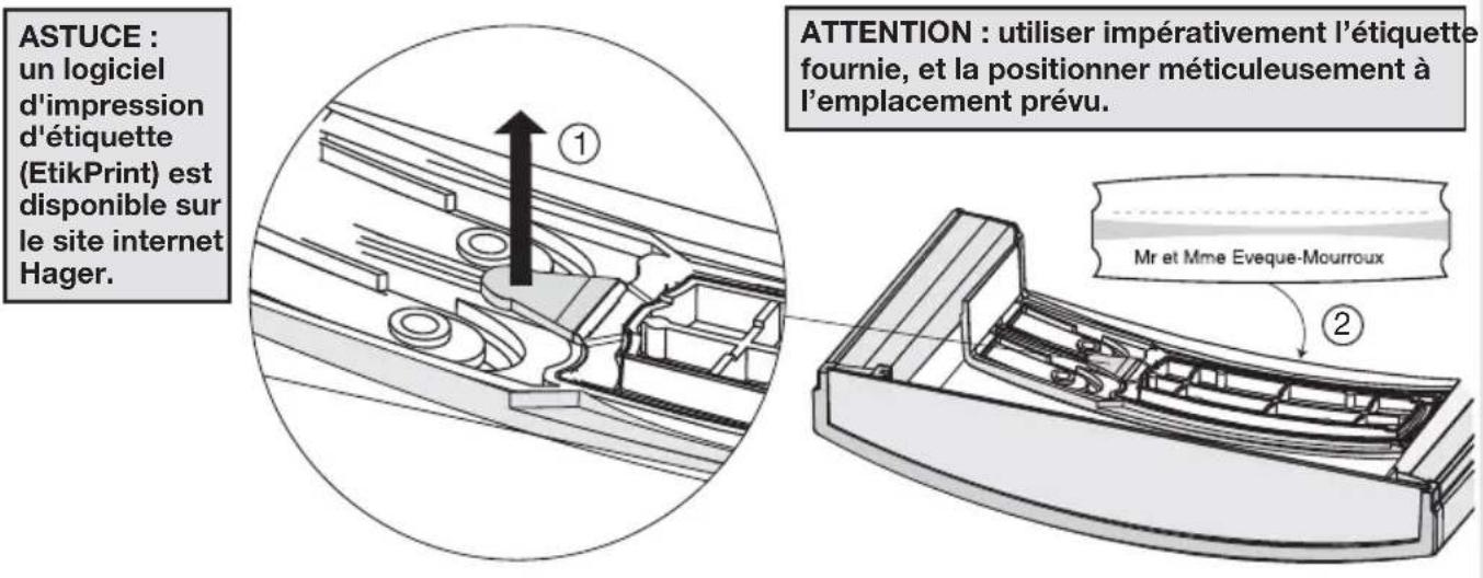 ASTUCE : un logiciel d'impression d'étiquette (EtikPrint) est disponible sur le site internet Hager. ATTENTION : utiliser impérativement l'étiquette fournie, et la positionner méticuleusement à l'emplacement prévu. Mr et Mme Eveque-Mourroux ① ②
