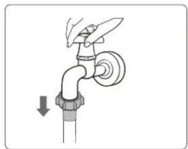 Illustration of a faucet with a knife inserted, showing a downward arrow indicating force or movement (no text or symbols)
