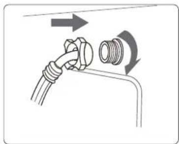 Diagram showing a pipe fitting with a valve and a coiled hose, indicating fluid flow direction (no text or symbols)