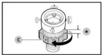 Technical diagram of a mechanical valve or fitting with labeled ports and directional arrow indicating rotation or movement.