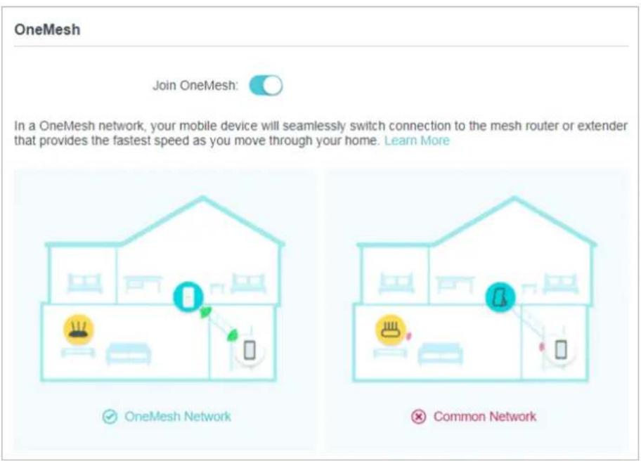 OneMesh Join OneMesh: In a OneMesh network, your mobile device will seamlessly switch connection to the mesh router or extender that provides the fastest speed as you move through your home. Learn More OneMesh Network Common Network