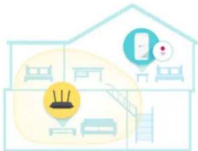 Illustration of a home with icons for washing machine, refrigerator, and staircase (no text or symbols)