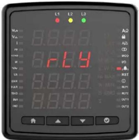 L1 L2 L3 VLX 8.8.8.9 VLX I PF comp 8.8.8.9 W VAR 8.8.8.9 VA 8.8.8.9 ENR 8.8.8.9 HAR 8.8.8.9 THO 8.8.8.9 IN1 8.8.8.9 IN2 8.8.8.9 A0 A1 C0 MOD V0 RST D RLY1 RLY2 OUT1 OUT2