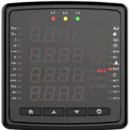 L1 L2 L3 VLX 6.8.0.8 A立 VLY 6.8.0.8 A△ I 6.8.0.8 CD PF 6.8.0.8 MOD COMP 6.8.0.8 V+ I/O W 6.8.0.8 MAX RST VAR 6.8.0.8 ○ VA 6.8.0.8 RLY1 ENR 6.8.0.8 ○ MAR 6.8.0.8 CND RLY2 THO 6.8.0.8 OUT1 INT 6.8.0.8 ○ IN2 6.8.0.8 OUT2 MAX