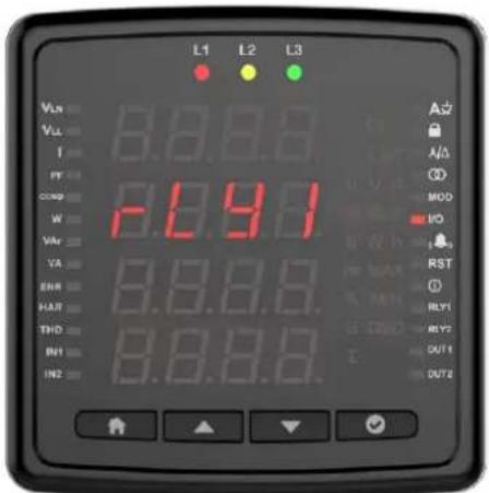 L1 L2 L3 VLX 8.091 VLX I PT COMP 8.091 W VAR 8.091 VA 8.091 ENR 8.091 HAR 8.091 THO 8.091 IN1 8.091 IN2 8.091 A立 A/Δ ∅ MOD I/O RST ∅ RLY1 RLY2 OUT1 OUT2
