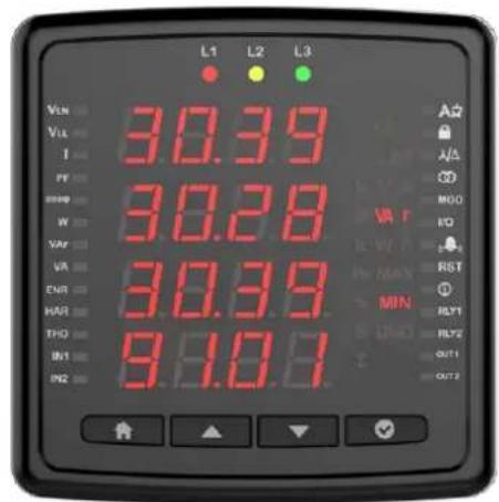 L1 L2 L3 VIN 30.39 VL 30.28 I 30.39 FF 30.39 GND 30.39 W 30.39 VAR 30.39 VA 30.39 ENR 30.39 HAR 30.39 THO 30.39 IN1 30.39 IN2 30.39 A A/A GD MGO IO RST MIN RLY1 RLY2 OUT1 OUT2