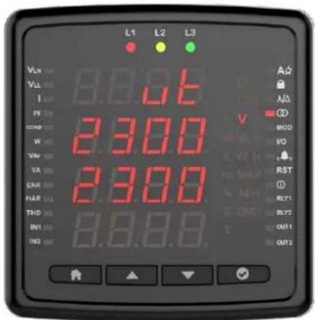L1 L2 L3 VLs 8.8.06 VLs 8.8.06 I am PF am coop am 2.300 V W am VAR am 2.300 VA am ENR am 2.300 HAR am THD am 2.300 BN1 am 2.300 IN2 am 2.300 A2 N/A OD MOD VO RST ① RLY1 RLY2 T OUT1 OUT2