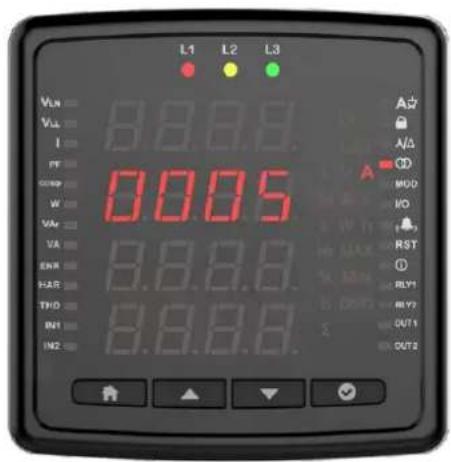 L1 L2 L3 VLA 8.8.8.9 VL I FT COMP 0.005 W VA VA ENR 8.8.8.9 SHAB 8.8.8.9 THO 8.8.8.9 BH 8.8.8.9 IN2 A A A C MOD IO RST RLY1 RLY2 OUT1 OUT2