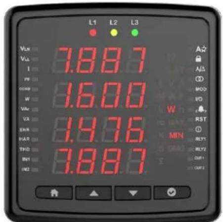 L1 L2 L3 Vcc 3.887 VL 1 IF 0 CCB 6.600 W 0 VA 0 VA 0 ENR 8.976 HAR 0 THD 0 IN1 3.883 IN2 0 A A A O MOD VO W RST MIN RLY1 RLY2 OUT OUTS