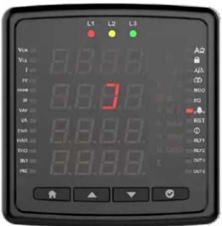 L1 L2 L3 VLX 8.8.8.6 VLX I PF comp W VAF VA ENR HAR THO IN1 IN2 8.8.8.6 A2 A/A CD MOD PO RST RLY1 RLY2 OUT1 OUT2