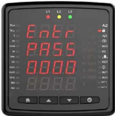 L1 L2 L3 VLX 6.6.6 VL1 I = 8.6.6 PF = 0.000 OFF = 0.000 W = 0.000 VAR = 0.000 VA = 0.000 ENR = 0.000 HAR = 0.000 THO = 0.000 IN1 = 0.000 IN2 = 0.000 A A A OD MOD IO RST RLY1 RLY2 RVT1 RVT2