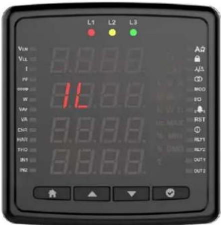 L1 L2 L3 VUN 8.8.8.0 VL 8.8.8.0 I 8.8.8.0 KV 8.8.8.0 OPP 8.8.8.0 W 8.8.8.0 VAR 8.8.8.0 VA 8.8.8.0 ENR 8.8.8.0 HAR 8.8.8.0 THO 8.8.8.0 IN1 8.8.8.0 IN2 8.8.8.0 A A A C MOD IO RST D RLY1 RLY2 OUT1 OUT2