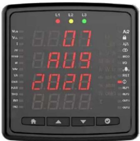 L1 L2 L3 VAN 8.8.0.7 VLL I PF 8.8.9 W VAR 2.0.2.0 VA ENR HAR 8.8.8.8. A A/A CD MOD VO RST RLY1 RLY2 OUT1 OUT2