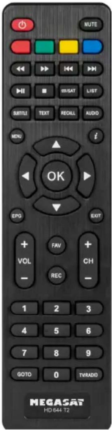 MUTE OK EPG EXIT + FAV + VOL CH - REC - 1 2 3 4 5 6 7 8 9 GOTO 0 TVRADIO MEGASAT HD 644 T2