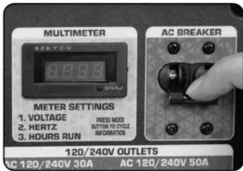 MULTIMETER 920 T.F.V 13:38:55 ONAJ METER SETTINGS 1. VOLTAGE PRESS MODE 2. HERTZ BUTTON TO CYCLE 3. HOURS RUN INFORMATION AC BREAKER 120/240V OUTLETS AC 120/240V 30A AC 120/240V 50A
