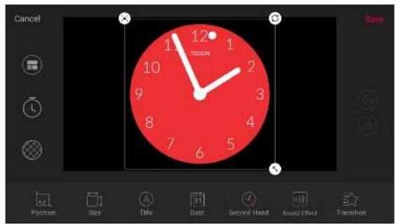 Cancel 12° 11:00 1 2 9 3 8 4 7 6 5 4 3 2 1 Position Size Title Date Second Hand Sound Effect Transition