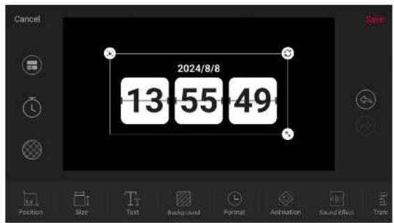 Cancel 2024/8/8 13 55 49 Position Size Text Background Format Animation Sound Effect Trans