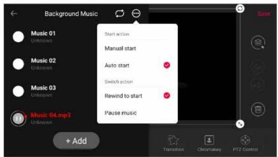 Background Music Music 01 Unknown Music 02 Unknown Music 03 Unknown Music 04.mp3 Unknown Start action Manual start Auto start Switch action Rewind to start Pause music + Add Transition Chromskey PTZ Control