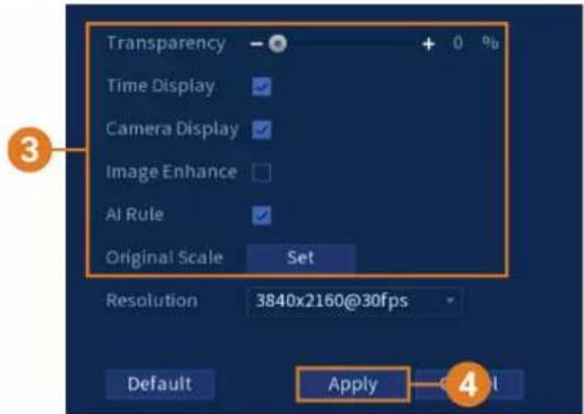 Transparency Time Display Camera Display Image Enhance AI Rule Original Scale Set Resolution 3840x2160@30fps Default Apply 4