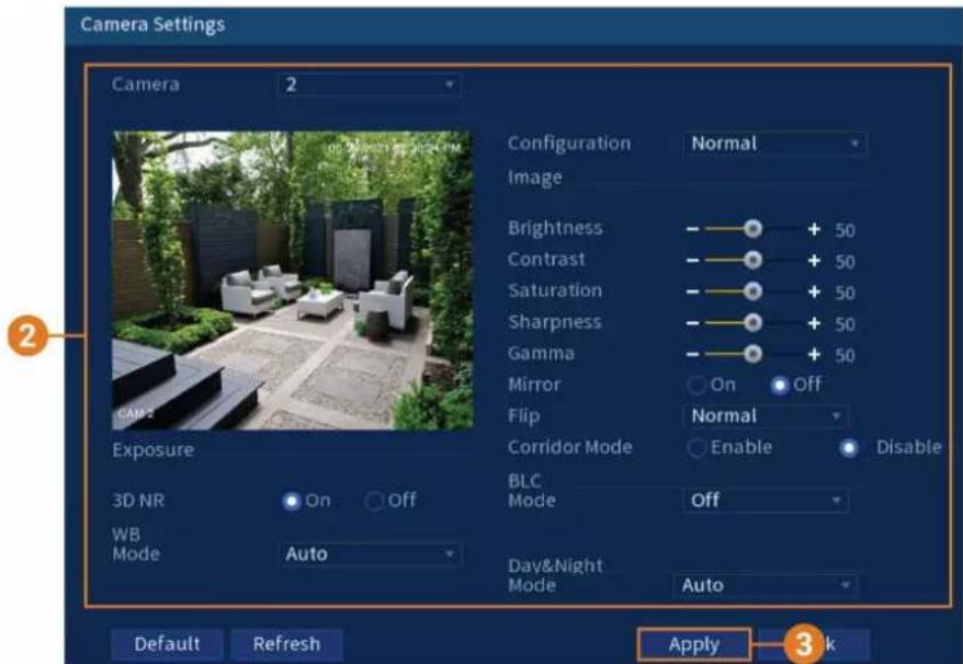 Camera Settings Camera 2 Configuration Normal Image Brightness - + 50 Contrast - + 50 Saturation - + 50 Sharpness - + 50 Gamma - + 50 Mirror On Off Flip Normal Corridor Mode Enable Disable BLC Mode Off Day&Night Auto 3D NR On Off WB Mode Auto Default Refresh Apply 3 k