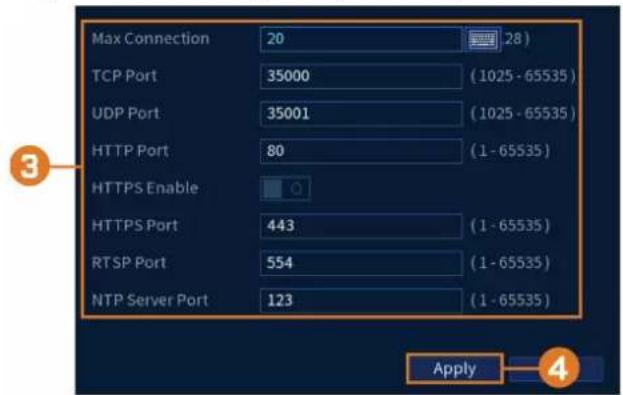 Max Connection 20 28) TCP Port 35000 (1025 - 65535) UDP Port 35001 (1025 - 65535) HTTP Port 80 (1 - 65535) HTTPS Enable HTTPS Port 443 (1 - 65535) RTSP Port 554 (1 - 65535) NTP Server Port 123 (1 - 65535) Apply 4