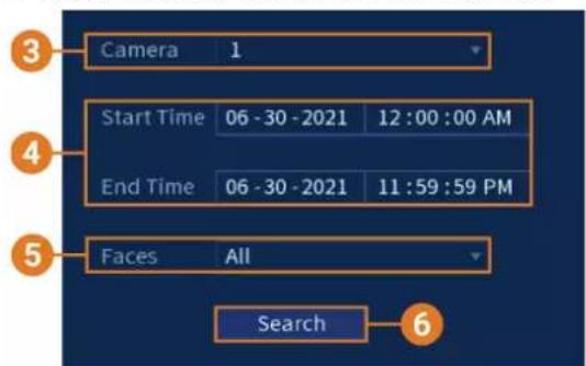 Camera 1 Start Time 06 - 30 - 2021 12 : 00 : 00 AM End Time 06 - 30 - 2021 11 : 59 : 59 PM Faces All Search 6