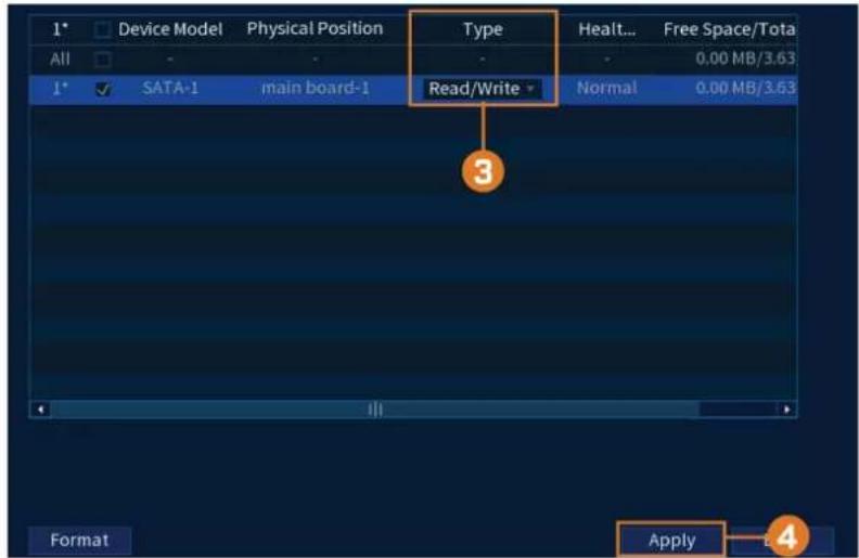 1* Device Model Physical Position Type Health... Free Space/Total All - - 0.00 MB/3.63 1* SATA-1 main board-1 Read/Write Normal 0.00 MB/3.63 3 Format Apply 4