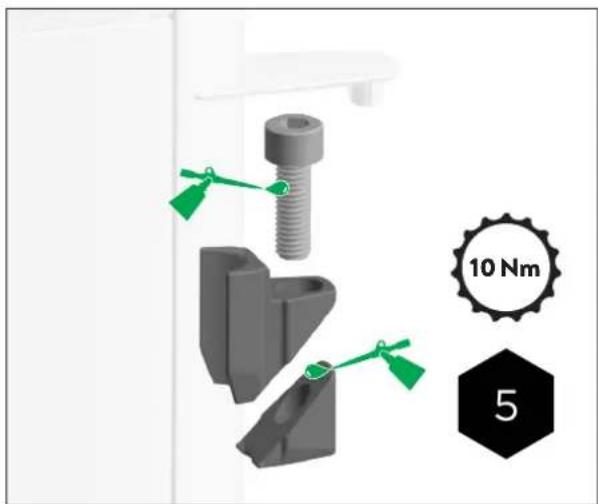 Mechanical assembly diagram showing a bolt, bracket, and housing with green connectors and a 10 Nm scale indicator (no text or symbols on components)