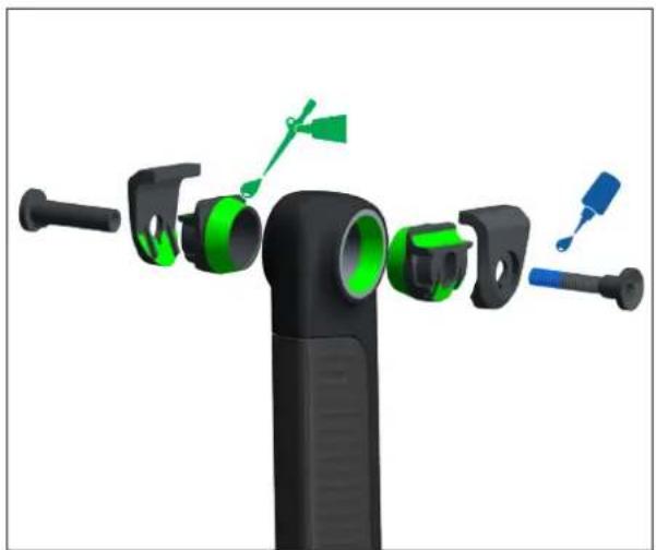 3D rendering of a black cylindrical device with green and blue adjustment knobs, no visible text or symbols