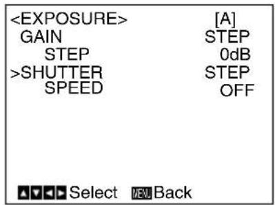 [A] GAIN STEP STEP 0dB >SHUTTER STEP SPEED OFF Select NEW Back