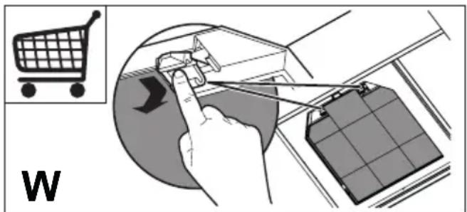 Illustration of a hand using a tool to interact with a battery pack, next to an inset image of a shopping cart (no text or symbols).