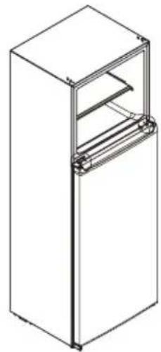 Isometric line drawing of a rectangular cabinet or enclosure with internal shelves and a side panel (no text or symbols).