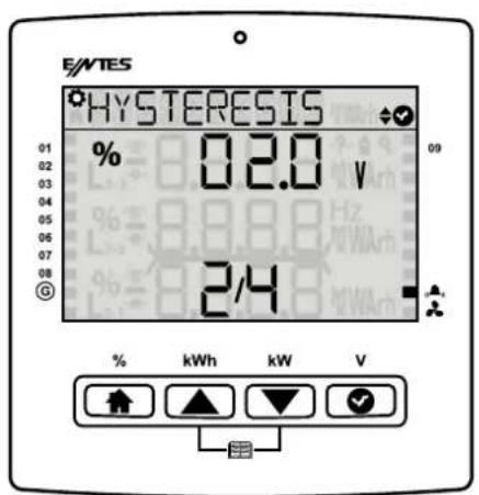 HYSTERESIS 01 % 02.0 V 03 % 8.888 Hz 04 % 8.888 W/Wh 05 % 8.888 V/Wh 06 % 8.888 V/Wh 07 % 8.888 V/Wh 08 % 8.888 V/Wh 09 % 8.888 V/Wh 2/4 % kWh kW V