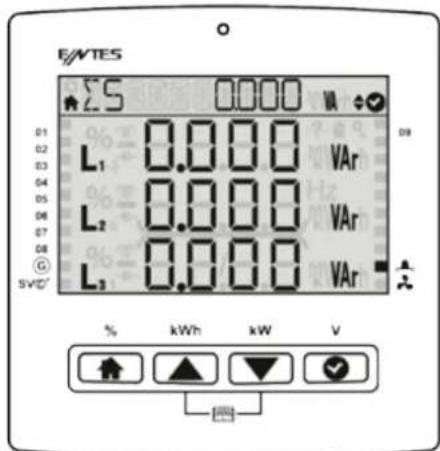 E/NTES 0.5 0.000 V L1 0.000 Var L2 0.000 Var L3 0.000 Var % kWh kW V