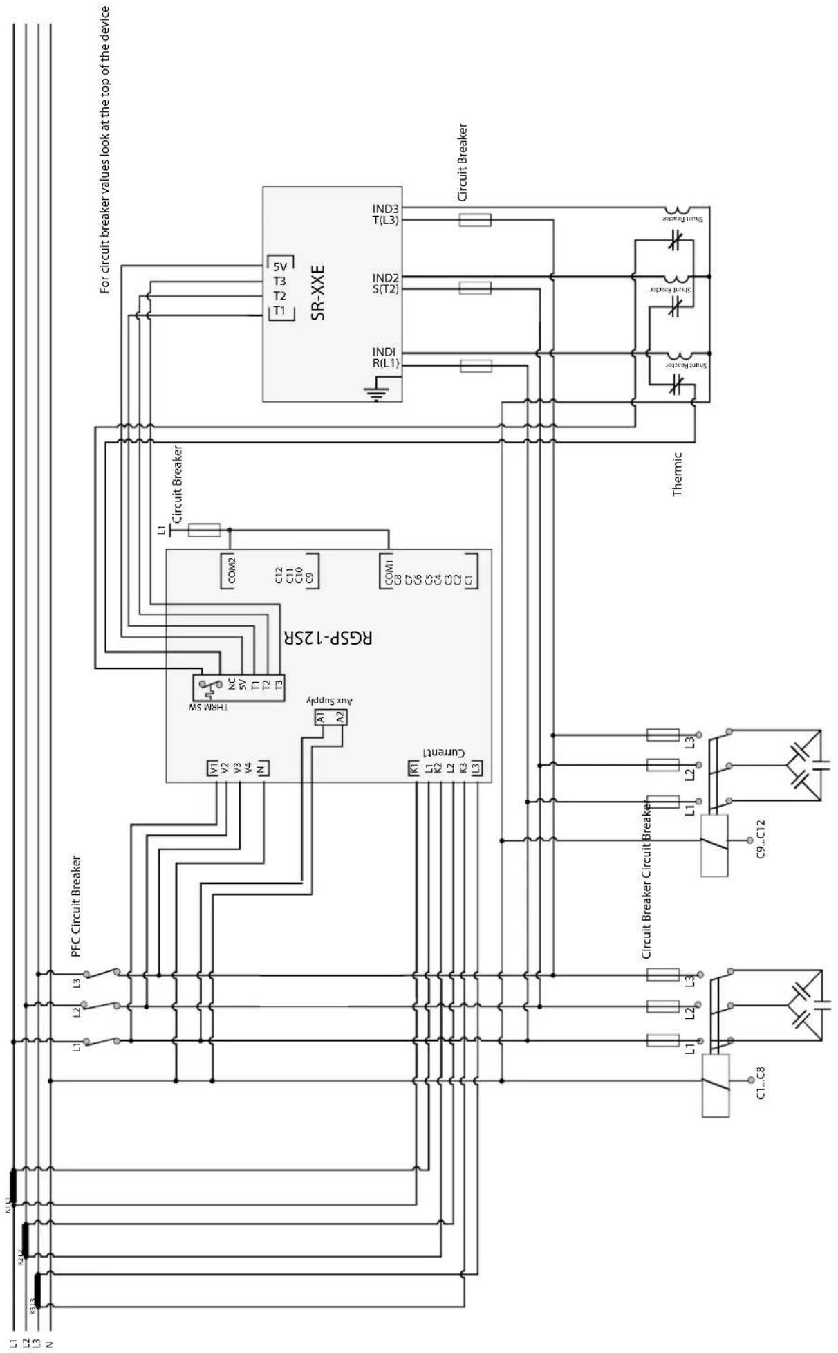 L1 L2 L3 N K1 L1 K2 L2 K3 L3 L1 L2 L3 PFC Circuit Breaker V1 V2 V3 V4 N TRHM SW NC 5V T1 T2 T3 A1 A2 Aux. Supply RGSP-12SR COM2 C12 C11 C10 C9 K1 L1 L2 L3 Current1 Circuit Breaker L1 Circuit Breaker S1 T3 T2 T1 Circuit Breaker SR-XXE IN03 IN02 IN01 IN01 C1...C8 Circuit Breaker Circuit Breaker C9...C12 Thermic Switch Resistor Switch Resistor Switch Resistor