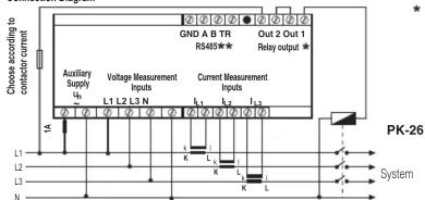 Choose according to contractor current AUXiliary Supply μh L1 L2 L3 N GND A B TR R5485** Out 2 Out 1 Relay output * PK-26 Current Measurement Inputs k1 k2 k3 k4 k5 k6 L1 L2 L3 N L1 L2 L3 N L1 L2 L3 N L1 L2 L3 N L1 L2 L3 N L1 L2 L3 N L1 L2 L3 N L1 L2 L3 N L1 L2 L3 N L1 L2 L3 N L1 L2 L3 N L1 L2 L3 N L1 L2 L3 N L1L2L3N System