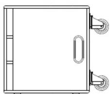 Line drawing of a rectangular cabinet with four wheels (no text or symbols)