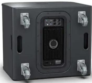 Exterior view of a black rectangular electronic device with control knobs and a central speaker (no visible text or symbols)