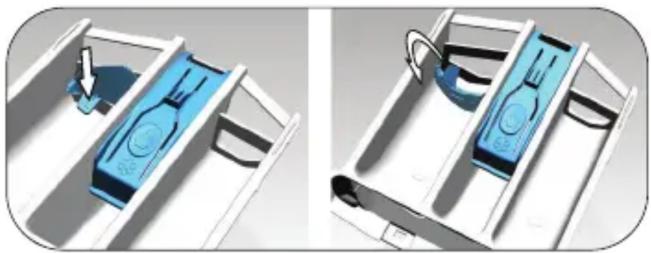 Two 3D diagrams showing a blue device mounted on a white rack, with no visible text or symbols.