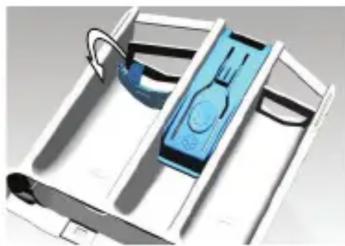 3D rendering of a blue electronic device mounted on a white frame with metal brackets (no text or symbols visible)