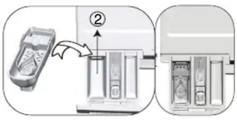 Diagram showing a device being inserted into a container with labeled step ②, alongside its view of the same container.