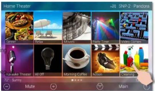 Home Theater SNP-2 · Pandora Dinner Relax Movies Party Time Video Games Kasuke Theater All Off Morning Coffee Action Cleaning 72° - Sunny Mute + Main