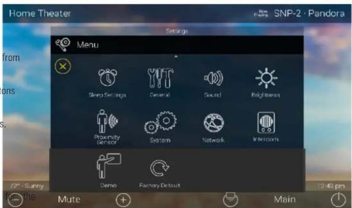 Home Theater SNP-2 · Pandora Settings Menu Sleep Settings General Sound Brightness Proximity Sensor System Network Interior Demo Factory Default 12:40 pm from ons - Sunny Mute + - Main