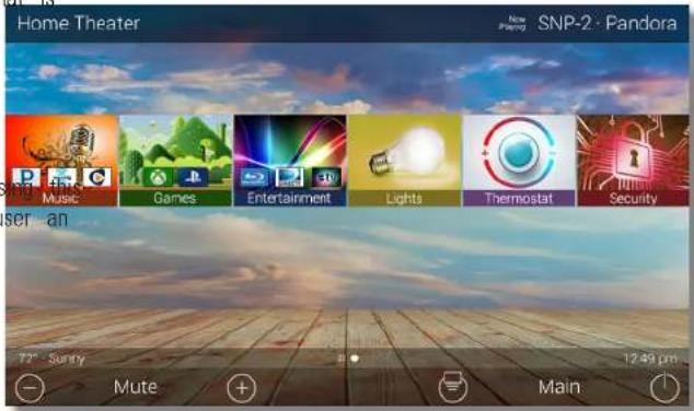 Home Theater SNP-2 · Pandora Music Games Entertainment Lights Thermostat Security 72° Sunny Mute + Main